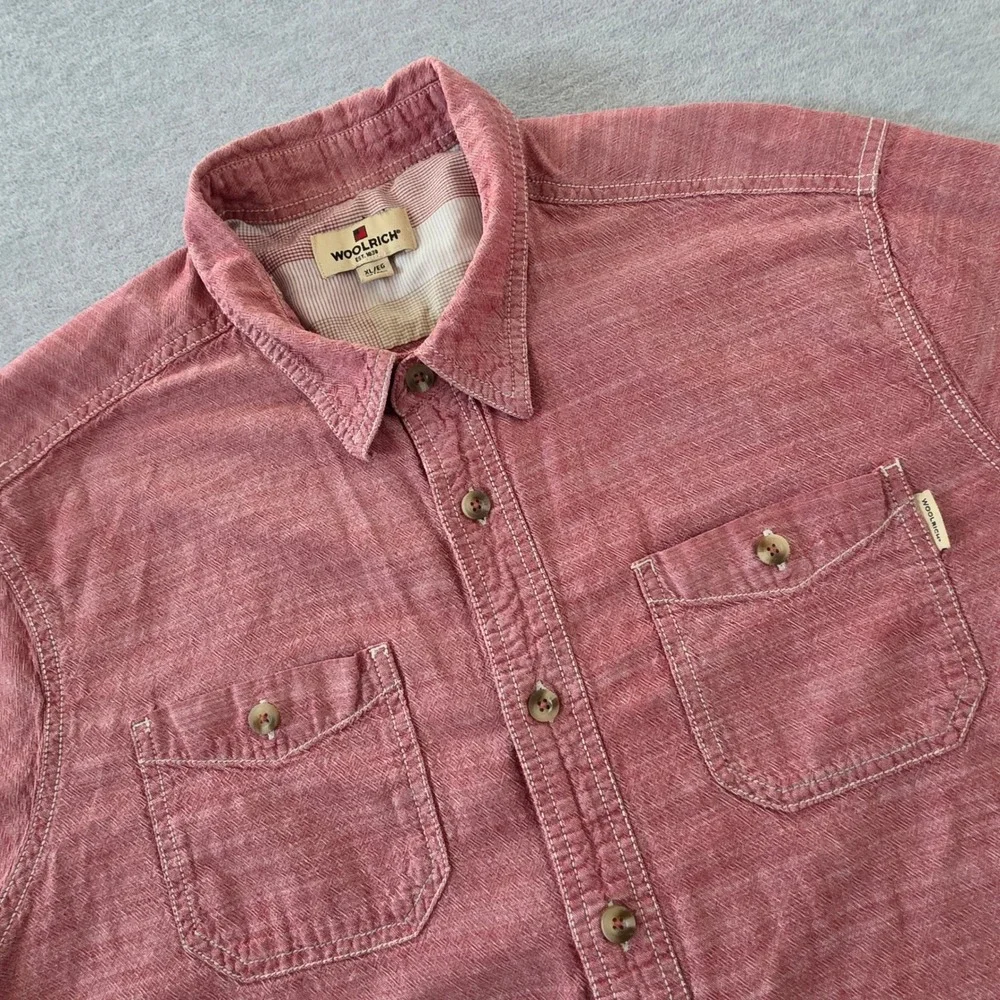 Woolrich Mens XL Red Heathered Cotton Short Sleeve Button Down Work Shirt - Picture 1 of 8
